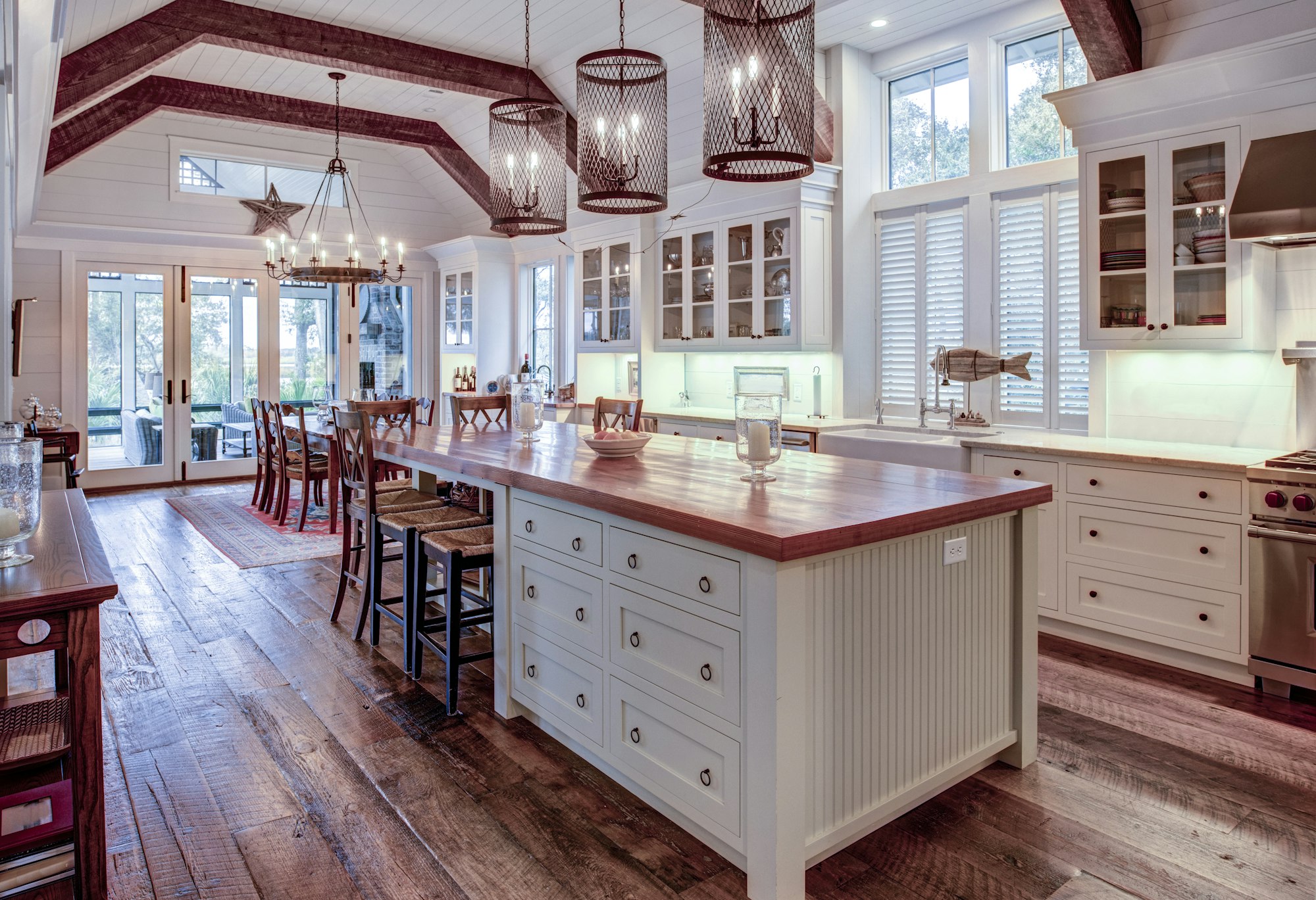 Beautiful luxury kitchen and dining room with view windows.